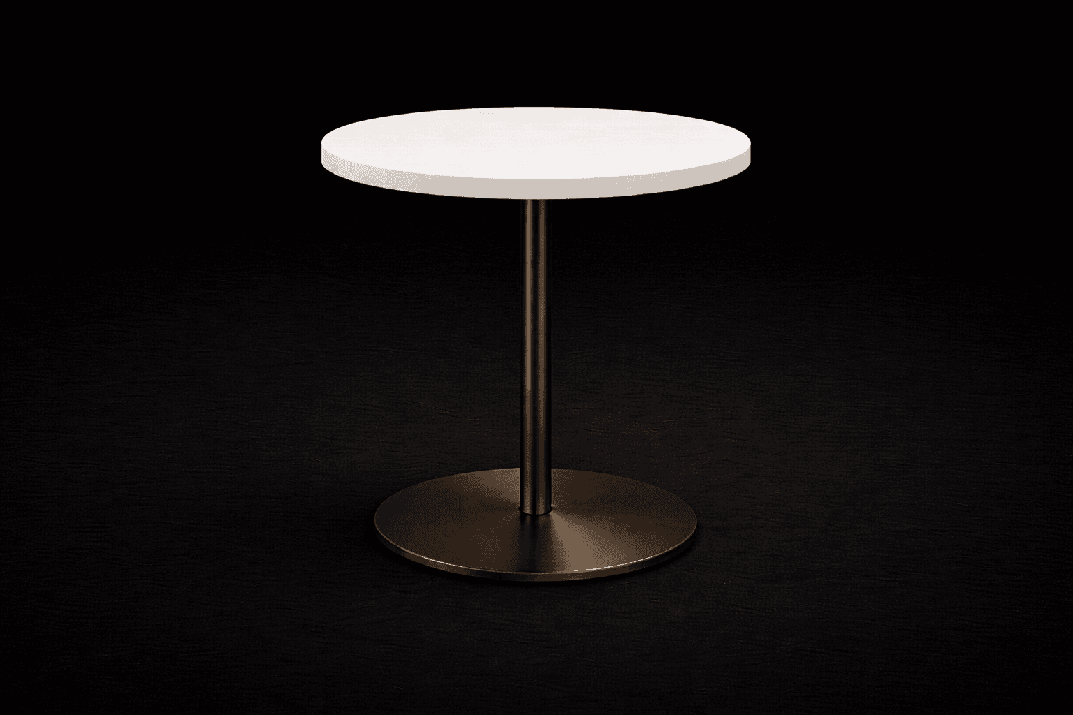 A round side table with a white top and a single, slender pedestal base with a circular foot. The base and stem appear to be made of metal with a dark, possibly bronze or aged brass finish. The tabletop has a slightly textured surface. — 3D model