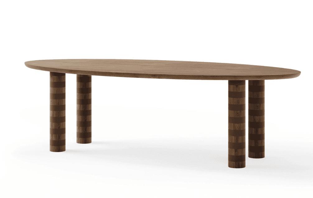 A dining table with an oval-shaped wooden top and four cylindrical legs. The legs feature a decorati… — free GLB 3D model