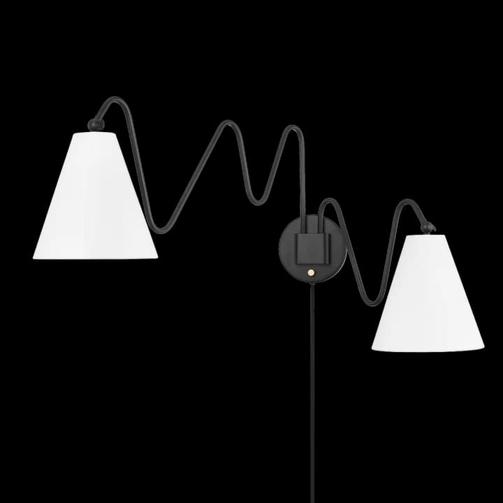 A black, double-headed wall lamp with a sinuous, wave-like arm structure. Each arm extends from a central wall-mounted base and terminates in a conical white lampshade. The base has a visible electrical cord and a mounting plate. The design is modern with a sculptural quality. — 3D model