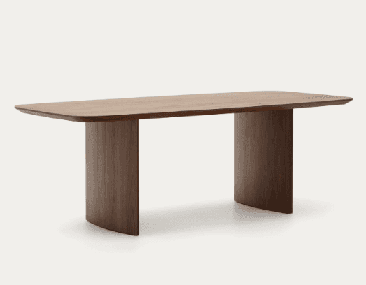 A modern rectangular dining table featuring a solid wood construction in a dark brown finish. The ta… — free BLEND 3D model