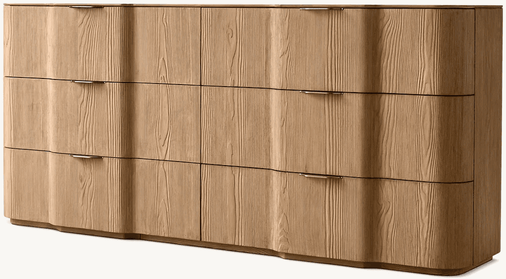 A wide, contemporary dresser featuring a distinctive wavy facade made from light-colored ash wood wi… — 3D model