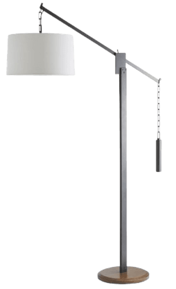 A floor lamp with an adjustable arm and a fabric drum shade. The lamp features a dark metal frame with a circular wooden base. A pull chain with a cylindrical weight is visible on the right side of the upright pole. — 3D model