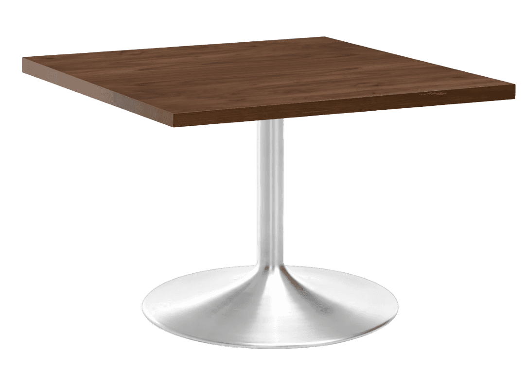 A small, modern square table featuring a dark brown wood-look tabletop and a brushed metal pedestal… — 3D model