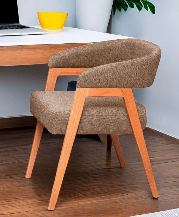 A modern armchair with a curved backrest and armrests upholstered in a textured brown fabric. The ch… — free OBJ 3D model
