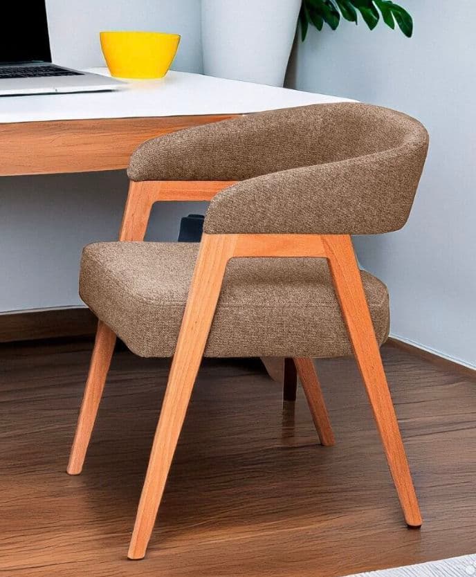 A modern armchair with a curved backrest and armrests upholstered in a textured brown fabric. The chair features a light wood frame with four tapered legs and a supportive cross-brace structure. — 3D model