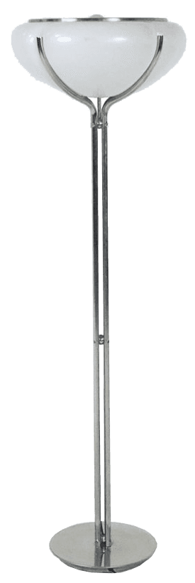A floor lamp featuring a wide, shallow, bowl-shaped shade made of white frosted glass. The shade is… — free STL 3D model