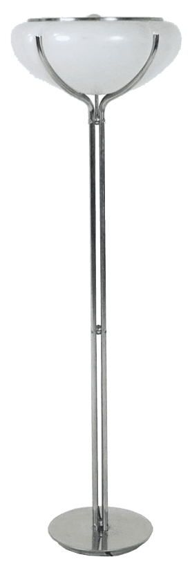 A floor lamp featuring a wide, shallow, bowl-shaped shade made of white frosted glass. The shade is supported by a polished metal structure with two curved arms that meet a central, vertical metal pole. The pole appears to be constructed from two connected sections and stands on a circular, flat metal base. The overall design suggests a modern or art deco aesthetic. — 3D model