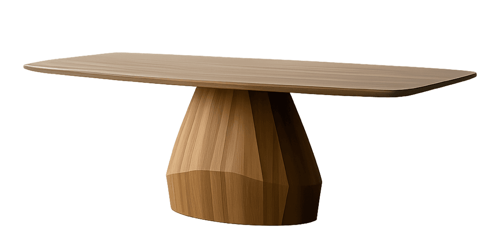 A dining table with a rectangular, slightly rounded top and a sculpted, tapered pedestal base. The base features vertical fluting or grooving that creates a segmented, organic appearance. The overall design is modern and sculptural. — 3D model