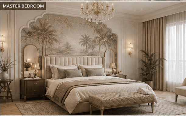 A contemporary upholstered bed featuring a tall, wingback headboard with vertical channel tufting. T… — 3D model