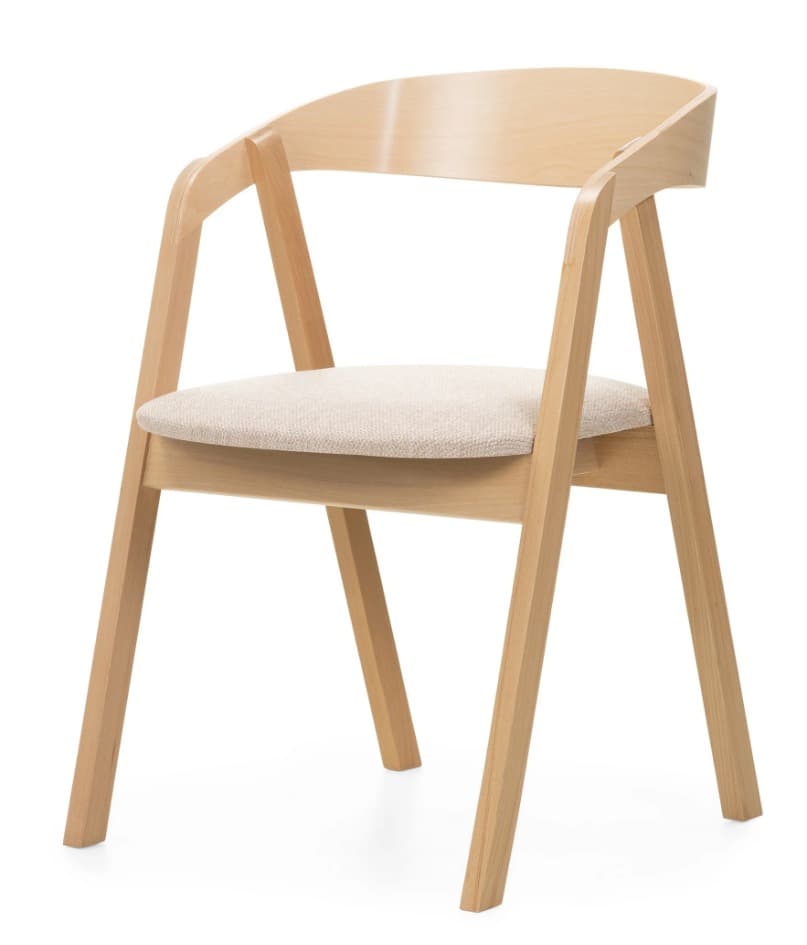 A modern dining armchair featuring a light-toned wooden frame with a curved backrest and integrated armrests. The seat is upholstered in a light, textured fabric, providing a soft contrast to the natural wood finish. The chair stands on four straight, rectangular legs. — 3D model