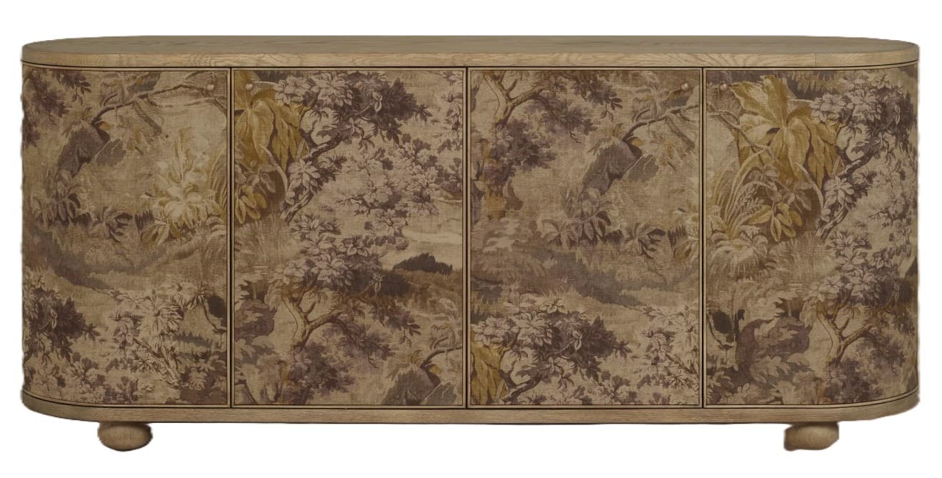 An elongated, low credenza featuring a light wood top, base, and bun feet, with its front facade comprising multiple doors covered in a detailed scenic print resembling Toile de Jouy. The ends of the credenza are gracefully curved, contributing to its unique silhouette. The print depicts pastoral scenes in monochromatic brown tones. — 3D model