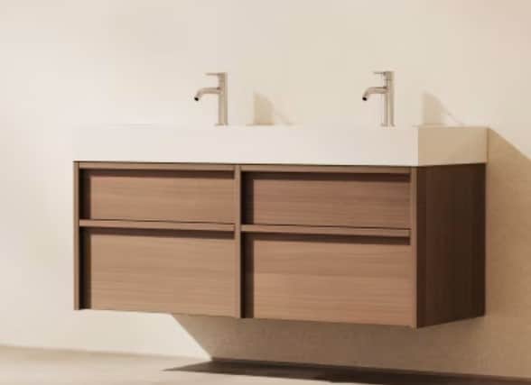 A modern wall-mounted double bathroom vanity featuring a light wood-grain cabinet, a white integrate… — 3D model