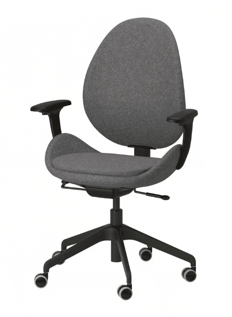A modern ergonomic office chair featuring a contoured grey fabric upholstered seat and backrest, mounted on a five-star black plastic or metal base with casters. The chair includes fixed black armrests and a height adjustment mechanism. — 3D model