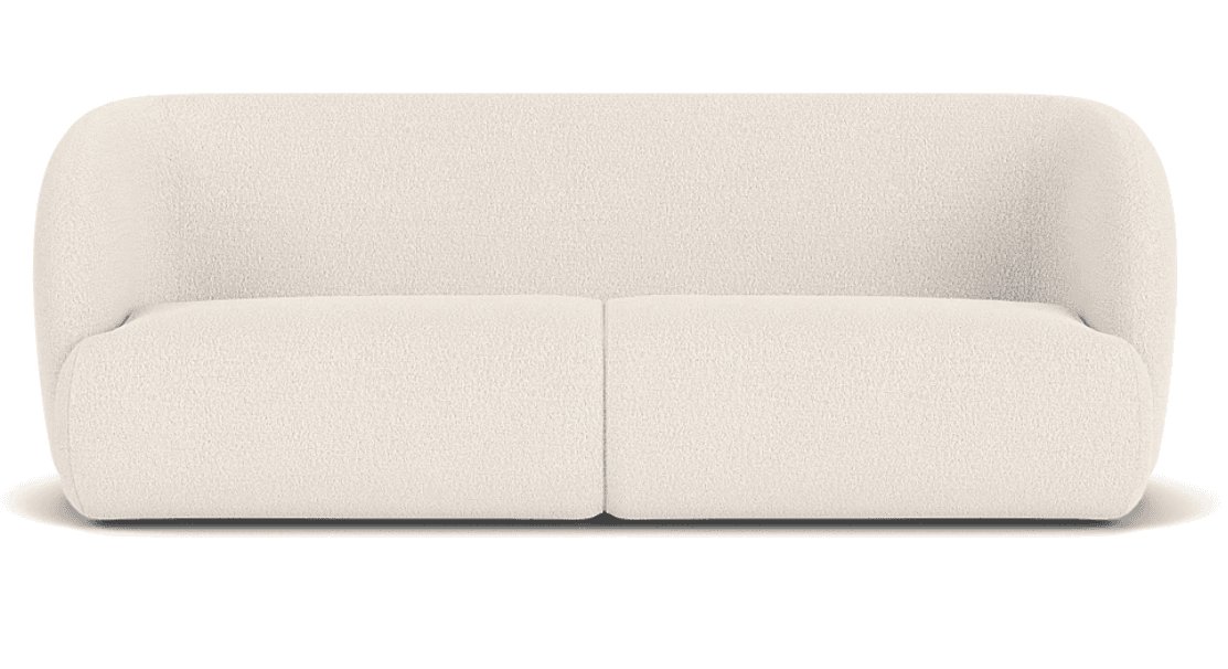A contemporary two-seater loveseat featuring a plush, rounded silhouette and upholstered in a textured boucle fabric. The design is minimalist, with integrated armrests and backrest that curve gently. It sits directly on the floor without visible legs, presenting a soft, inviting aesthetic. — 3D model