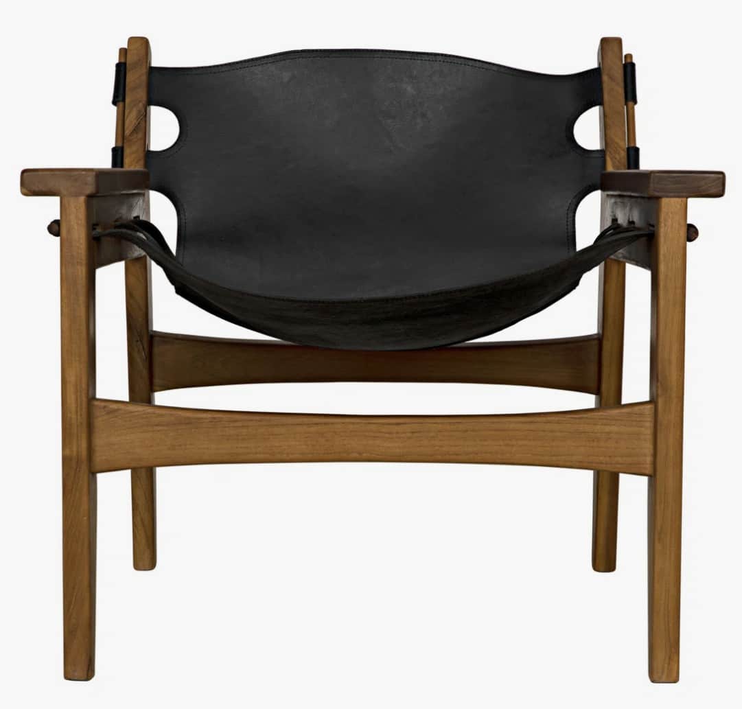 A low-slung lounge chair with a wooden frame and a black leather seat and backrest. The frame featur… — 3D model
