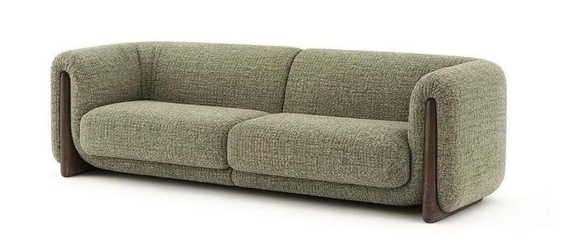 A modern two-seater sofa featuring a robust, rounded silhouette, upholstered in a textured sage green fabric. The design includes distinctive exposed dark wood elements that frame the sides and form the base, providing a visual contrast to the soft upholstery. The sofa has a unified backrest cushion and two separate seat cushions, all with rounded edges. — 3D model