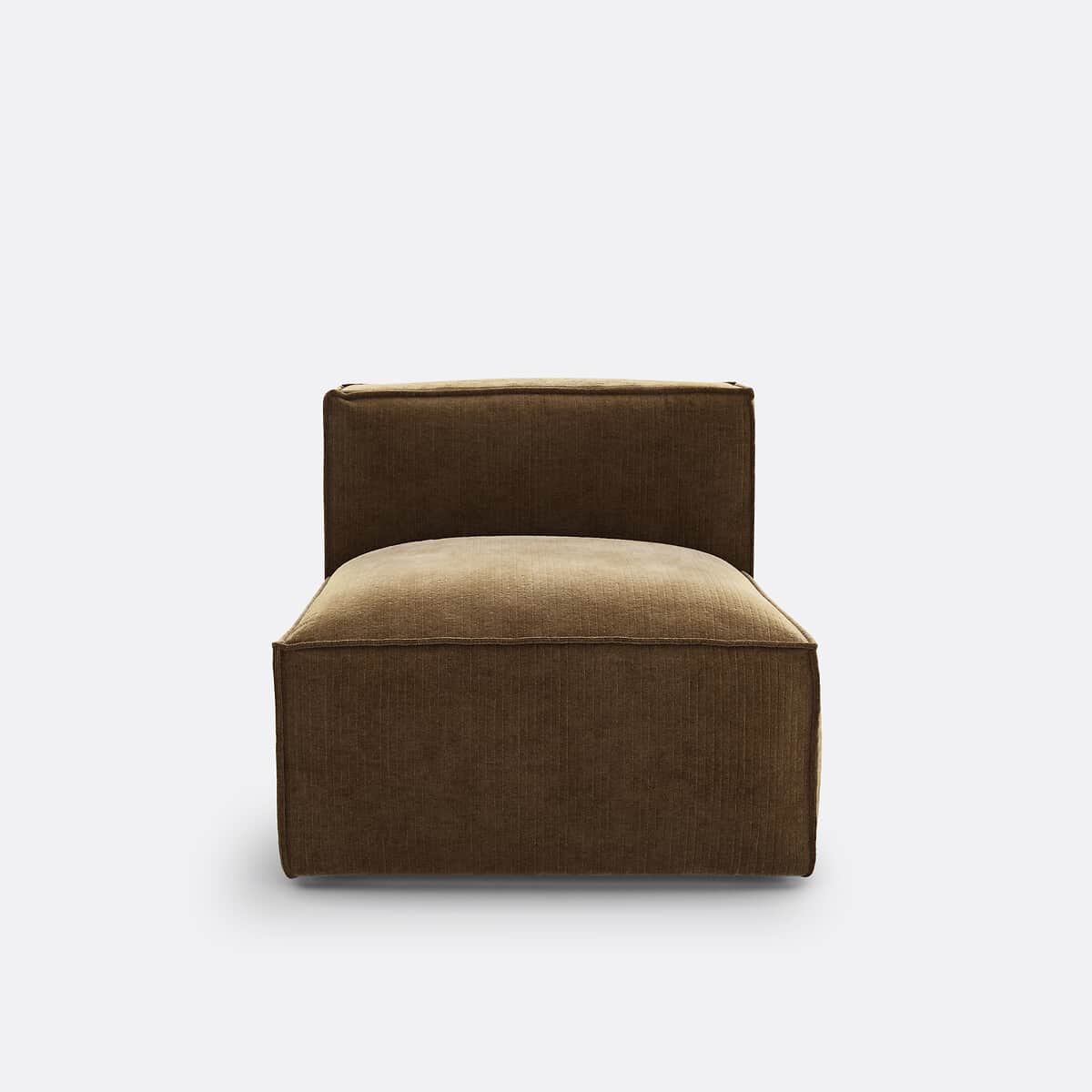 A single-seat armchair with a low profile and upholstered in a brown, corduroy-like fabric. It featu… — 3D model