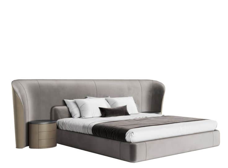 A luxurious, modern upholstered platform bed featuring a wide, curving headboard that extends around… — 3D model