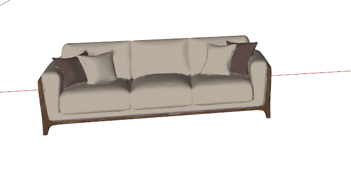 A modern three-seater sofa featuring a distinctive exposed dark wood frame that forms the base, arms, and back support. The frame encloses light beige fabric upholstered cushions for the seat, back, and armrests. The sofa is complemented by two light beige and two dark brown accent pillows, indicating a contemporary design aesthetic. — 3D model
