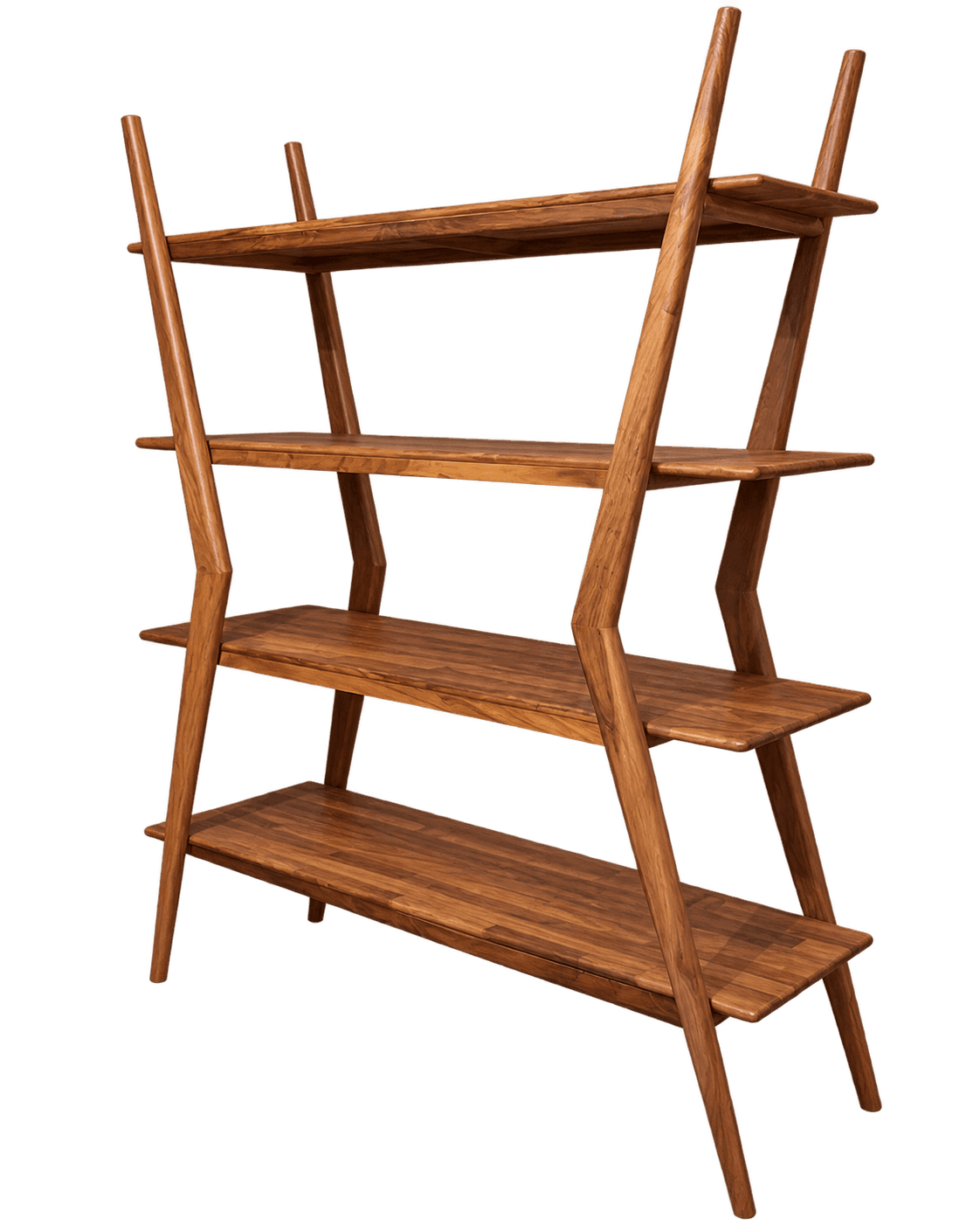 A contemporary solid wood bookshelf featuring a distinctive ladder-style design with four rectangula… — 3D model