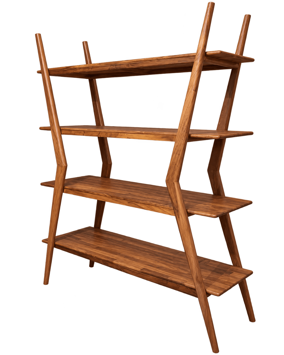 A contemporary solid wood bookshelf featuring a distinctive ladder-style design with four rectangular shelves. The frame consists of angled, tapering supports that create an A-frame or ladder silhouette, giving it a modern and airy appearance. The wood exhibits a rich, warm brown tone with prominent grain patterns, suggesting high-quality solid wood construction. — 3D model