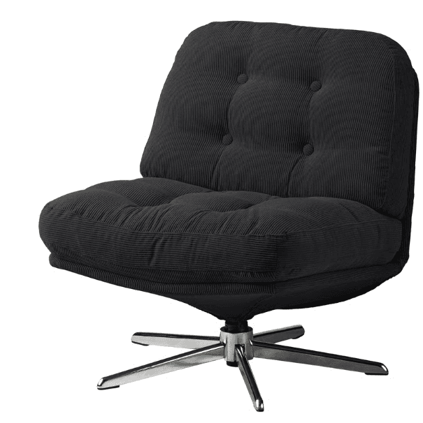 An armless swivel lounge chair upholstered in black corduroy fabric, featuring button tufting on both the seat and backrest, mounted on a polished chrome star-shaped base. — 3D model