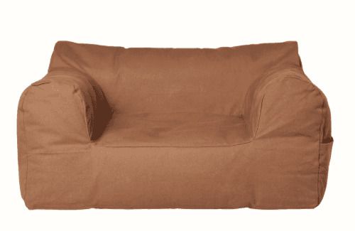 A two-seater, sofa-shaped bean bag chair upholstered in a solid brown fabric. It features distinct a… — 3D model