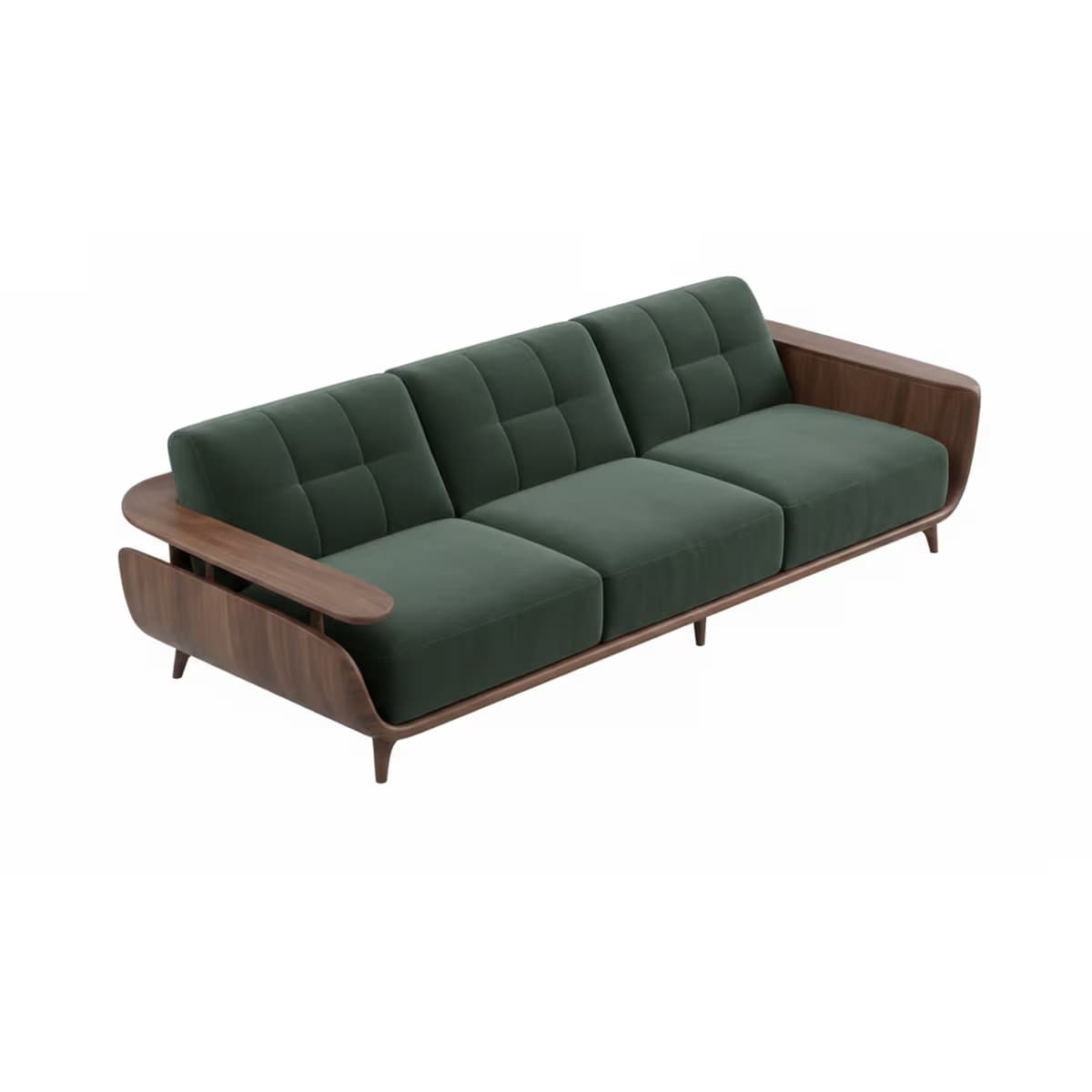 A three-seater sofa featuring a dark green fabric upholstery, button-tufted back cushions, and a prominent exposed dark-stained wooden frame that integrates the armrests and legs. — 3D model