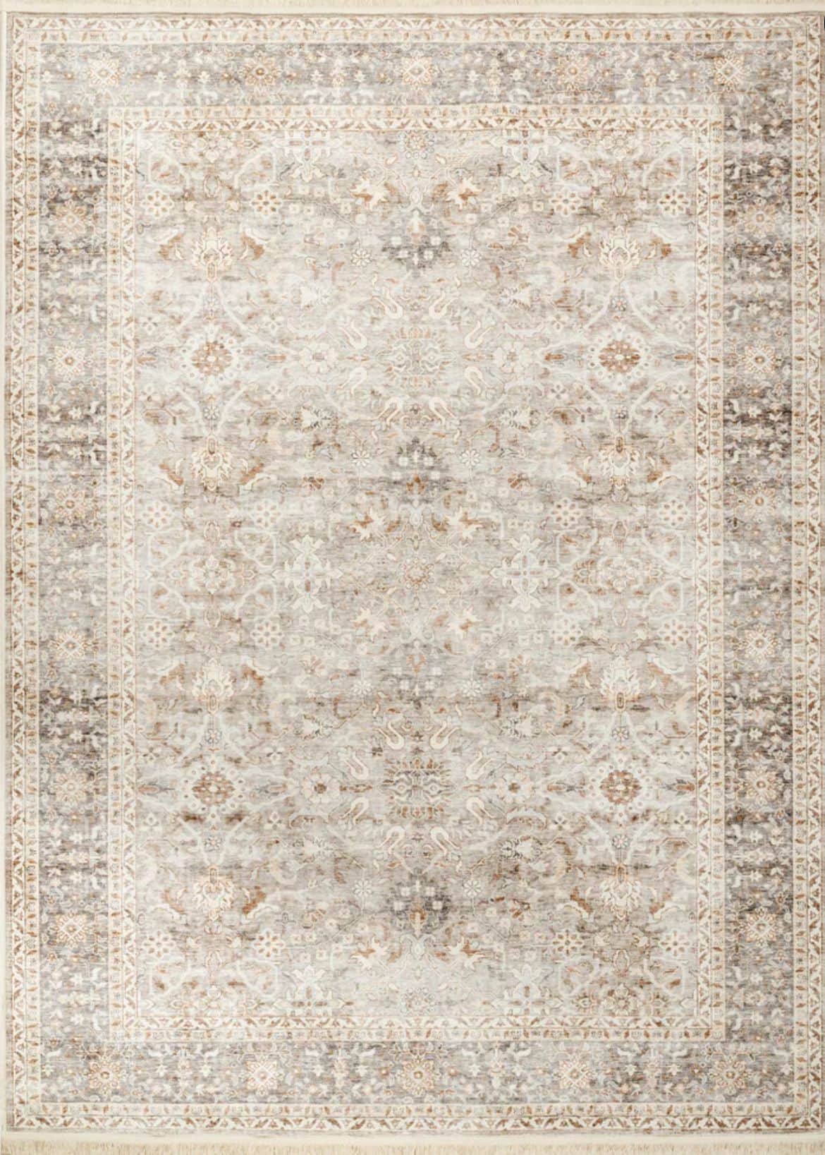 A rectangular area rug featuring a traditional, ornate medallion and floral pattern with a deliberat… — 3D model