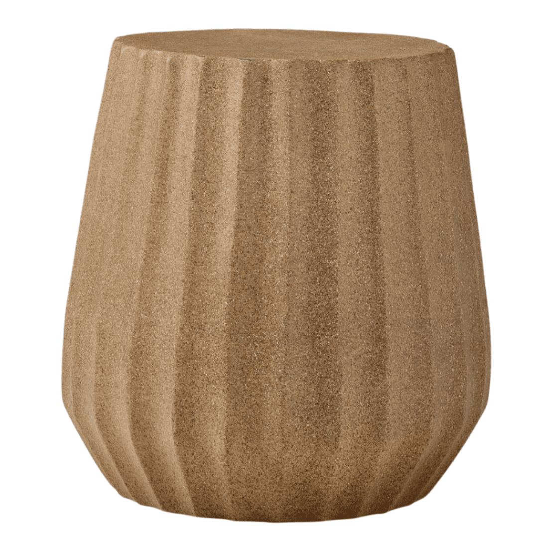 A contemporary, cylindrical accent stool with a tapered profile, featuring a unique vertical fluted texture and a granular, sand-like finish in a light beige color. — 3D model