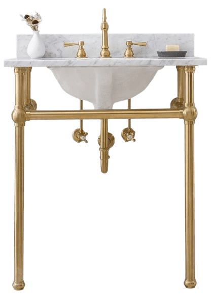 A vintage-style console vanity featuring a white marble countertop and backsplash, supporting a whit… — 3D model
