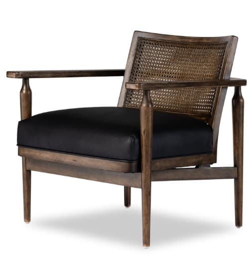 A mid-century modern armchair with a dark wood frame and cane back. The seat is upholstered in black material. The armchair features tapered legs and armrests, with the backrest showcasing a woven cane pattern. — 3D model