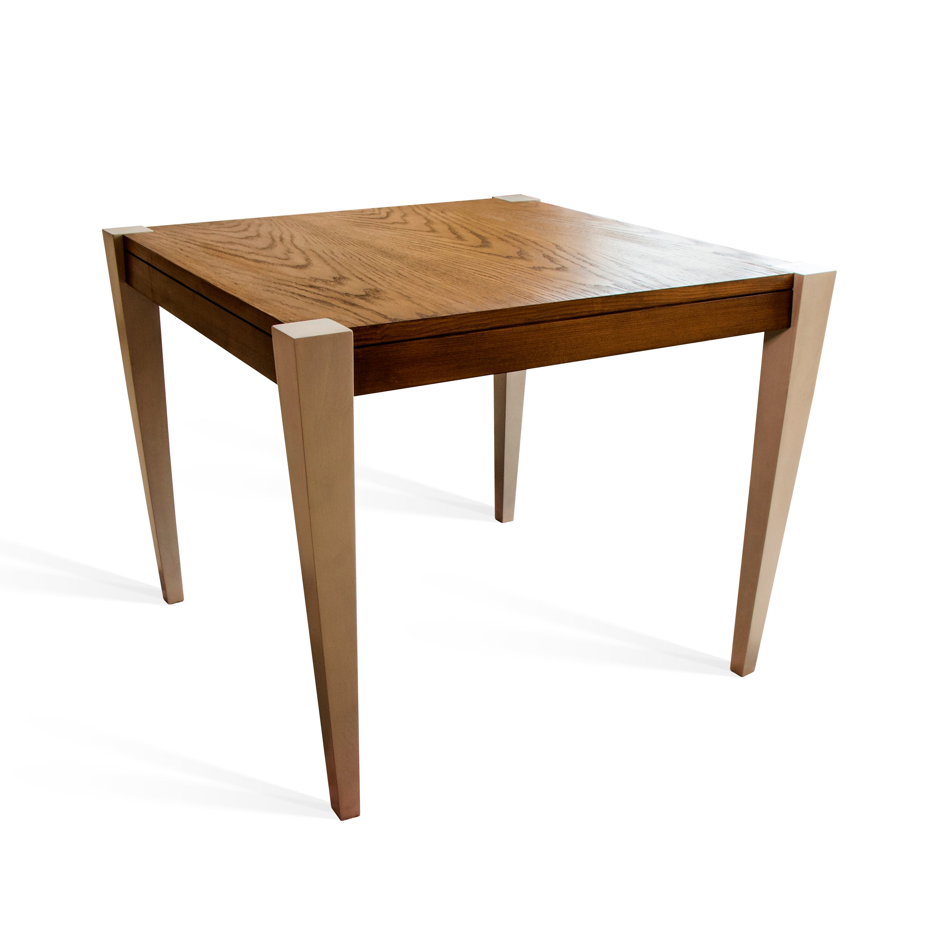 A contemporary square accent table featuring a natural wood grain top and four contrasting tapered metal legs. The legs have a subtle metallic finish and appear to integrate cleanly with the corners of the tabletop, creating a sleek, minimalist aesthetic. — 3D model