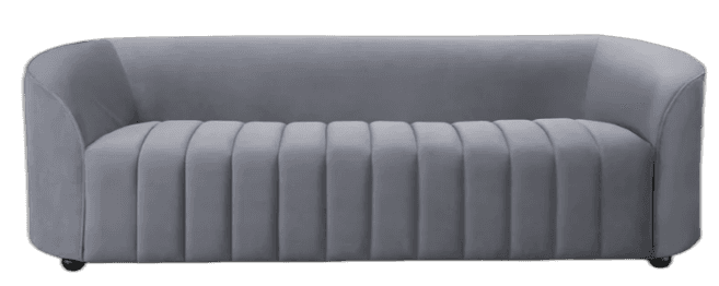 A contemporary loveseat upholstered in grey velvet, featuring prominent vertical channel tufting on… — 3D model