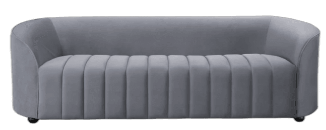 A contemporary loveseat upholstered in grey velvet, featuring prominent vertical channel tufting on the seat base and a gracefully curved, rounded back and arms that form a continuous silhouette. The design is sleek and modern, resting on small, understated feet. — 3D model
