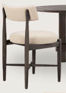 An armless chair featuring a dark stained wooden frame with a curved upholstered backrest and a roun… — 3D model