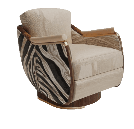 A luxurious lounge chair featuring a distinctive abstract zebra-print patterned exterior, upholstere… — 3D model