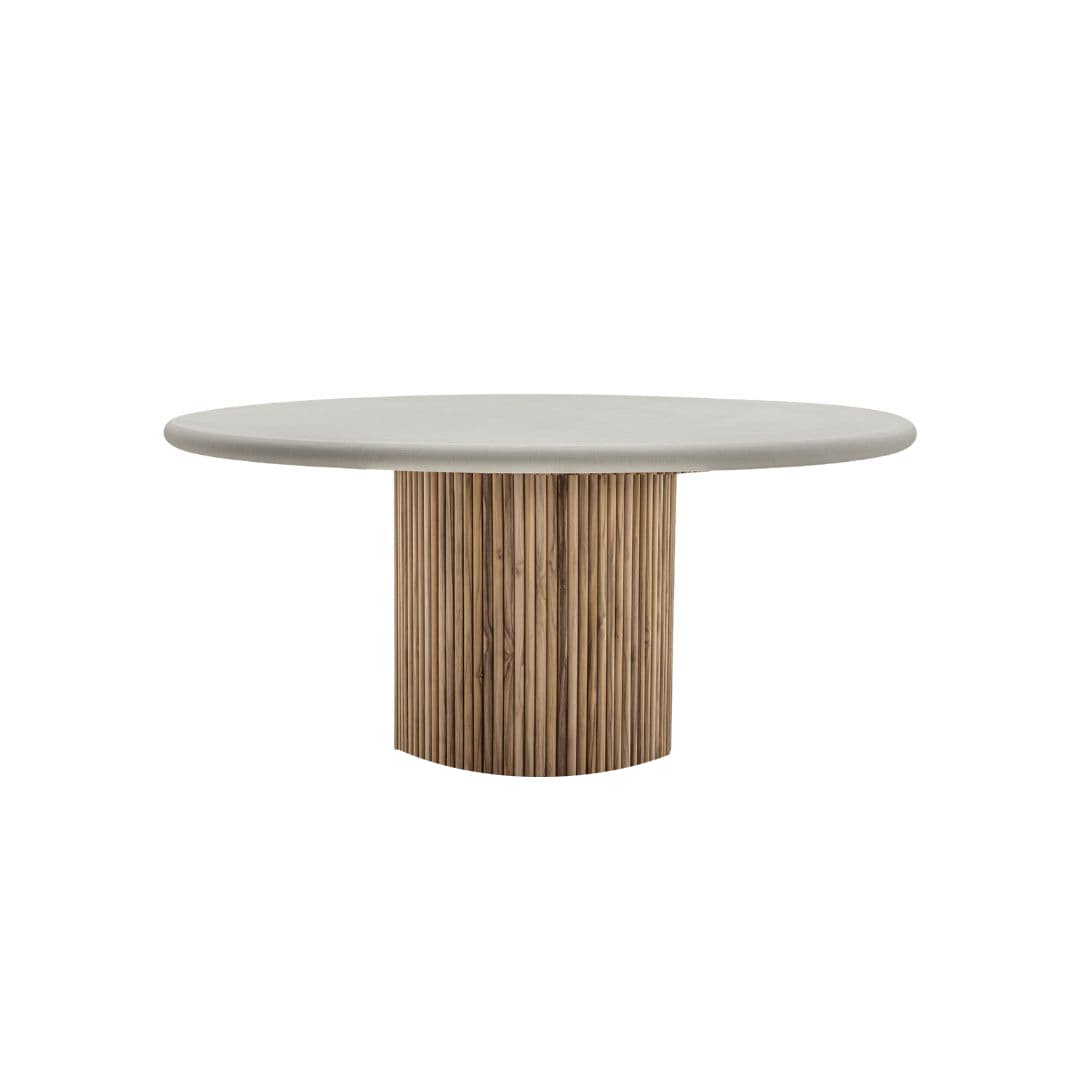 A round dining table with a light gray, smooth, solid top and a cylindrical pedestal base constructed from vertical wooden dowels or reeds. — 3D model