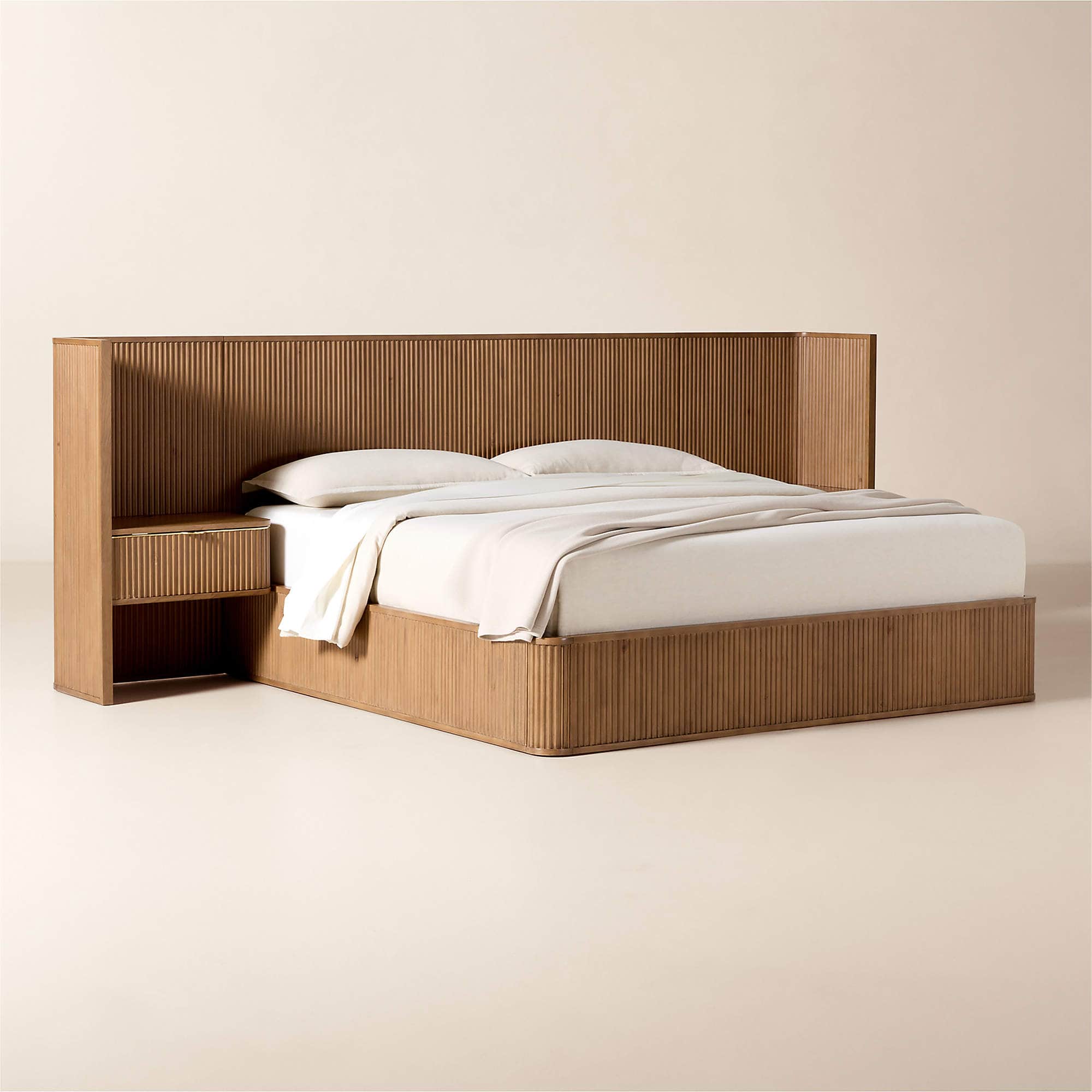 A modern wooden bed frame with an integrated headboard and a single attached nightstand. The headboa… — free GLB 3D model