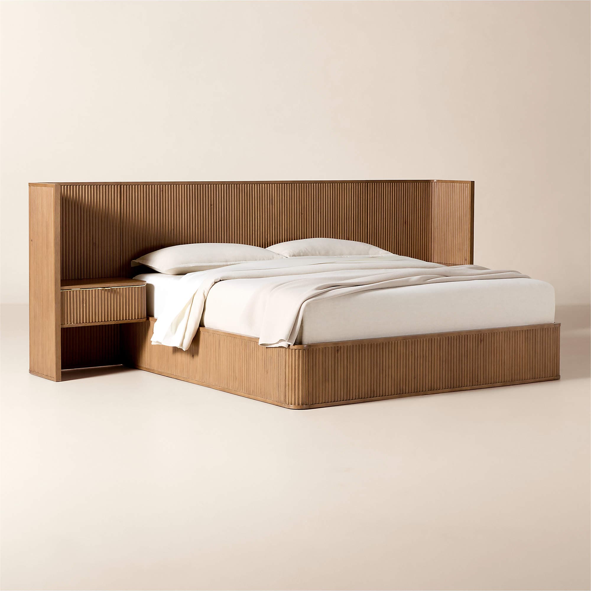 A modern wooden bed frame with an integrated headboard and a single attached nightstand. The headboard and bed frame feature vertical fluting or ribbed detailing. The nightstand has one drawer and an open shelf below it. — 3D model