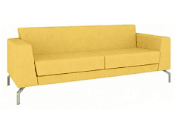A modern yellow sofa with clean lines and a sleek design. It features a two-cushion seat and a high back with integrated armrests. The sofa is supported by slender, angled metal legs. — 3D model