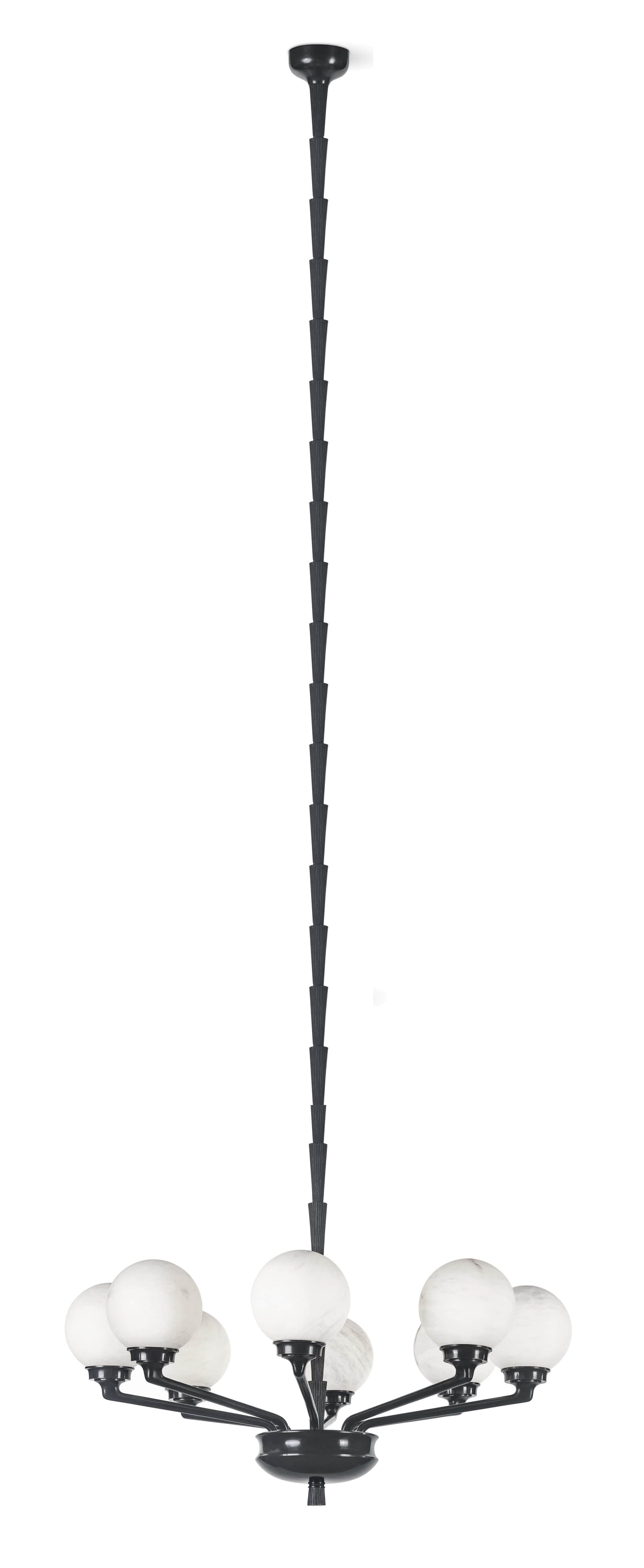 A black chandelier with multiple arms extending from a central body. Each arm supports a spherical l… — 3D model