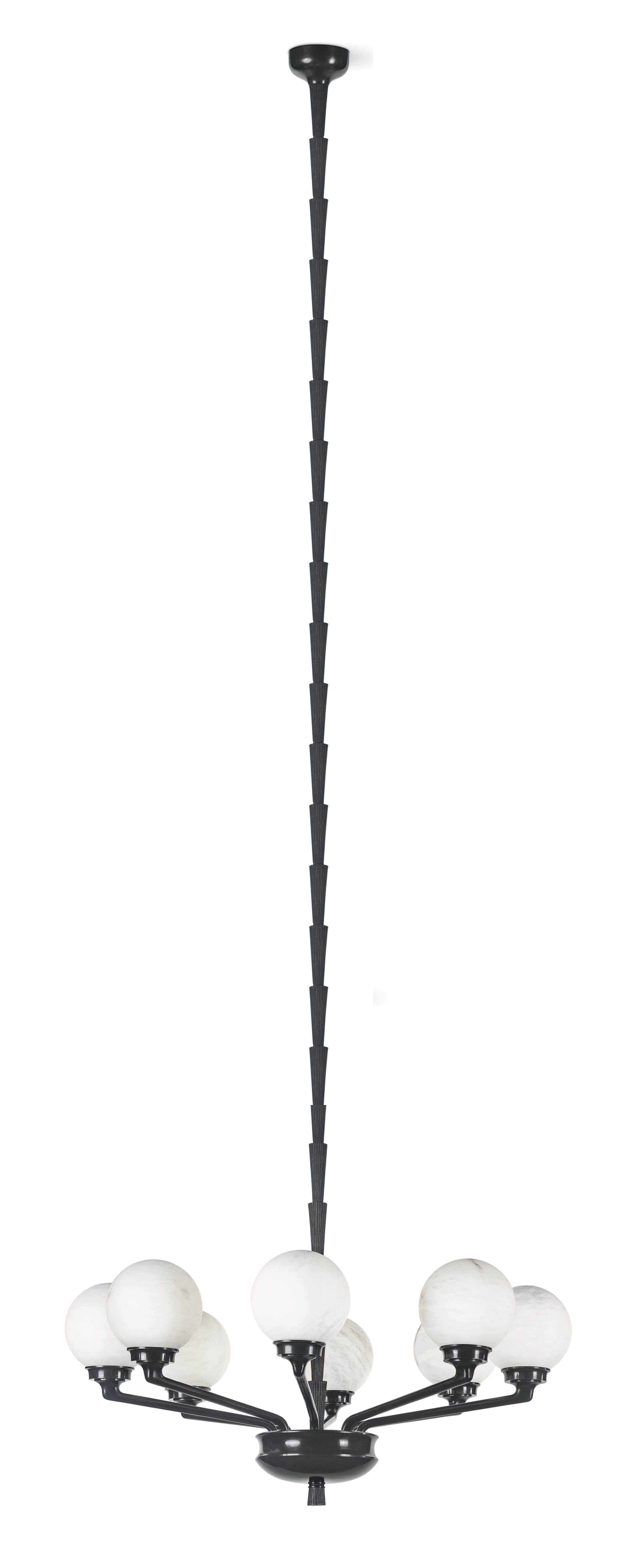 A black chandelier with multiple arms extending from a central body. Each arm supports a spherical light fixture with a white, marbled glass shade. The chandelier is suspended by a segmented, black downrod. — 3D model