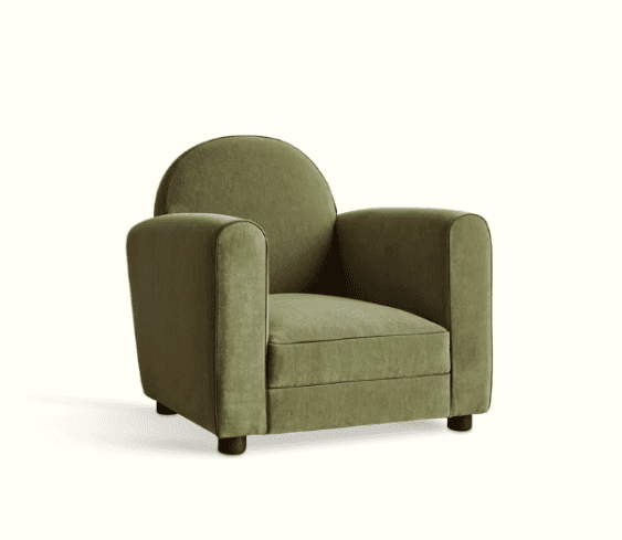 A plush armchair with a rounded back and square armrests, upholstered in a textured olive green fabr… — 3D model
