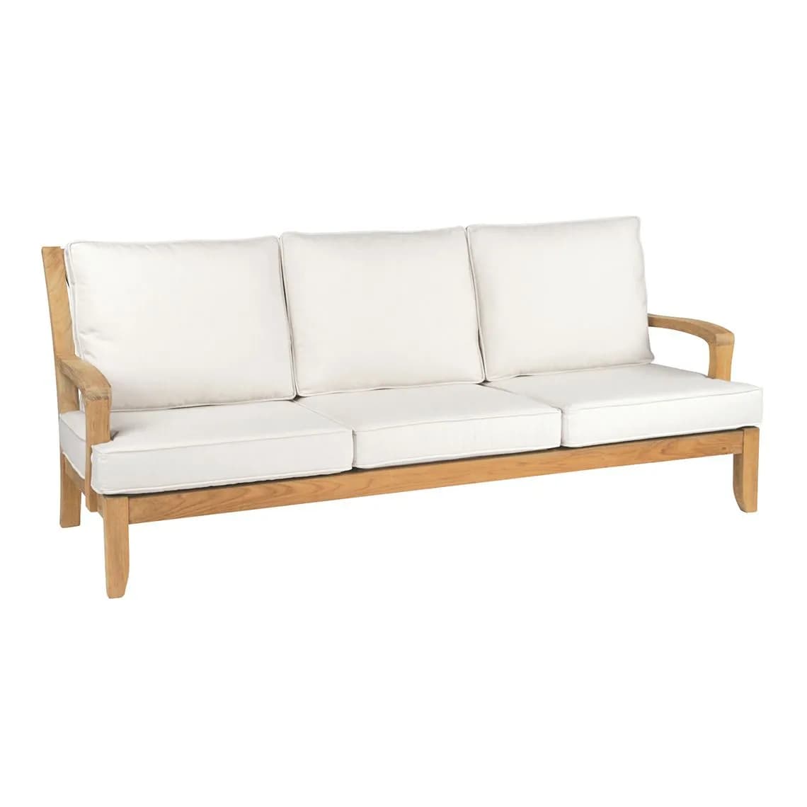 A three-seater outdoor sofa featuring a natural wood frame, likely teak, and thick, white upholstered cushions on both the seat and back. The design is contemporary with clean lines and gently curved armrests. — 3D model
