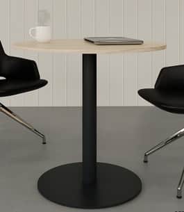 A modern round table featuring a light wood grain top and a sturdy black metal pedestal base. The ta… — free GLB 3D model