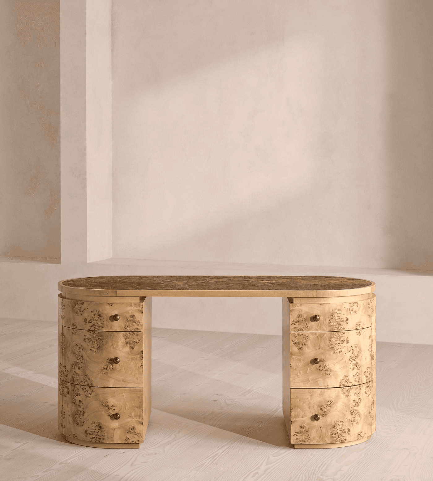 An elegant Art Deco-inspired writing desk featuring an oval tabletop with a dark, textured surface,… — 3D model