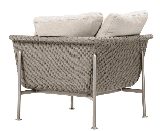 A modern armchair with a rounded, basket-like woven body and a metal frame supporting two cushioned… — 3D model