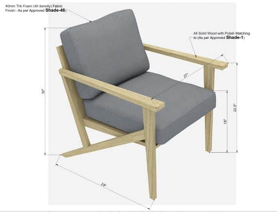 A modern lounge armchair with an exposed light-toned wooden frame and grey fabric cushions for the s… — 3D model