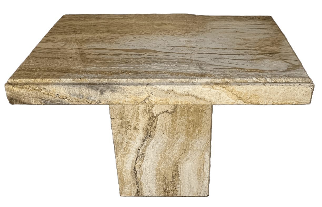 A console table with a thick, rectangular top and a single pedestal base. The material appears to be natural stone with distinct veining and stratification. — 3D model